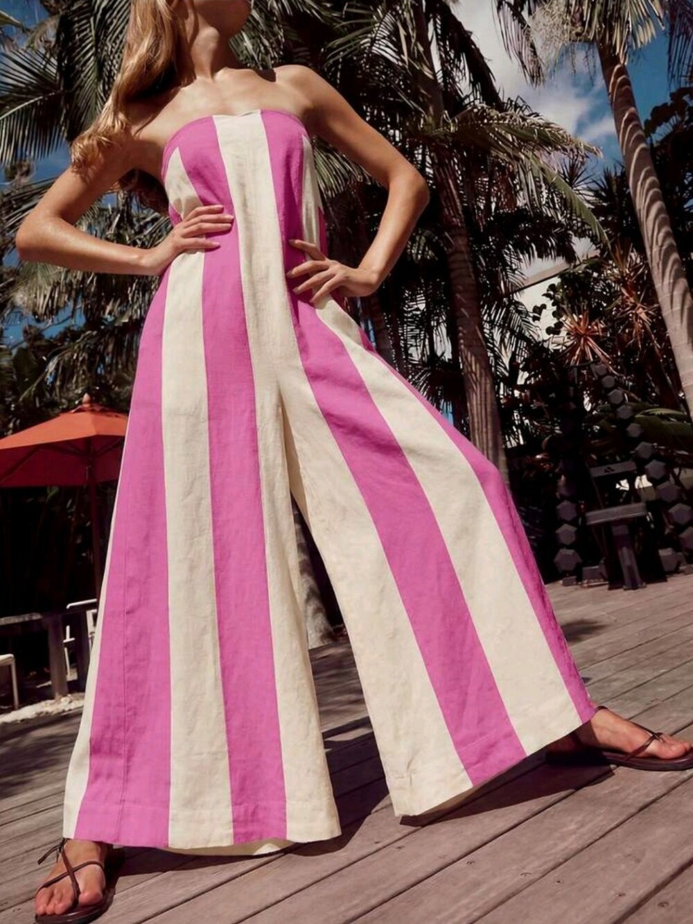 Strapless Wide-Leg Jumpsuit in Pink & Cream-size medium